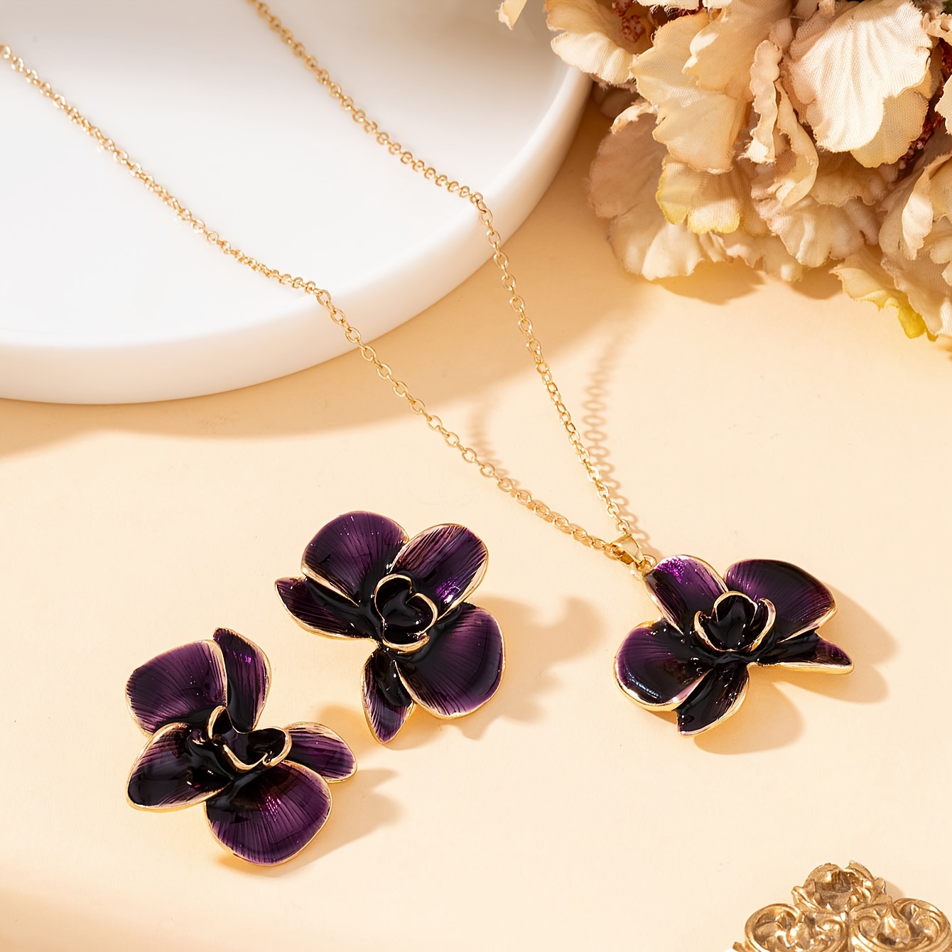 3pc Deep Purple Dyed Enamel Orchid Necklace & Earrings Set